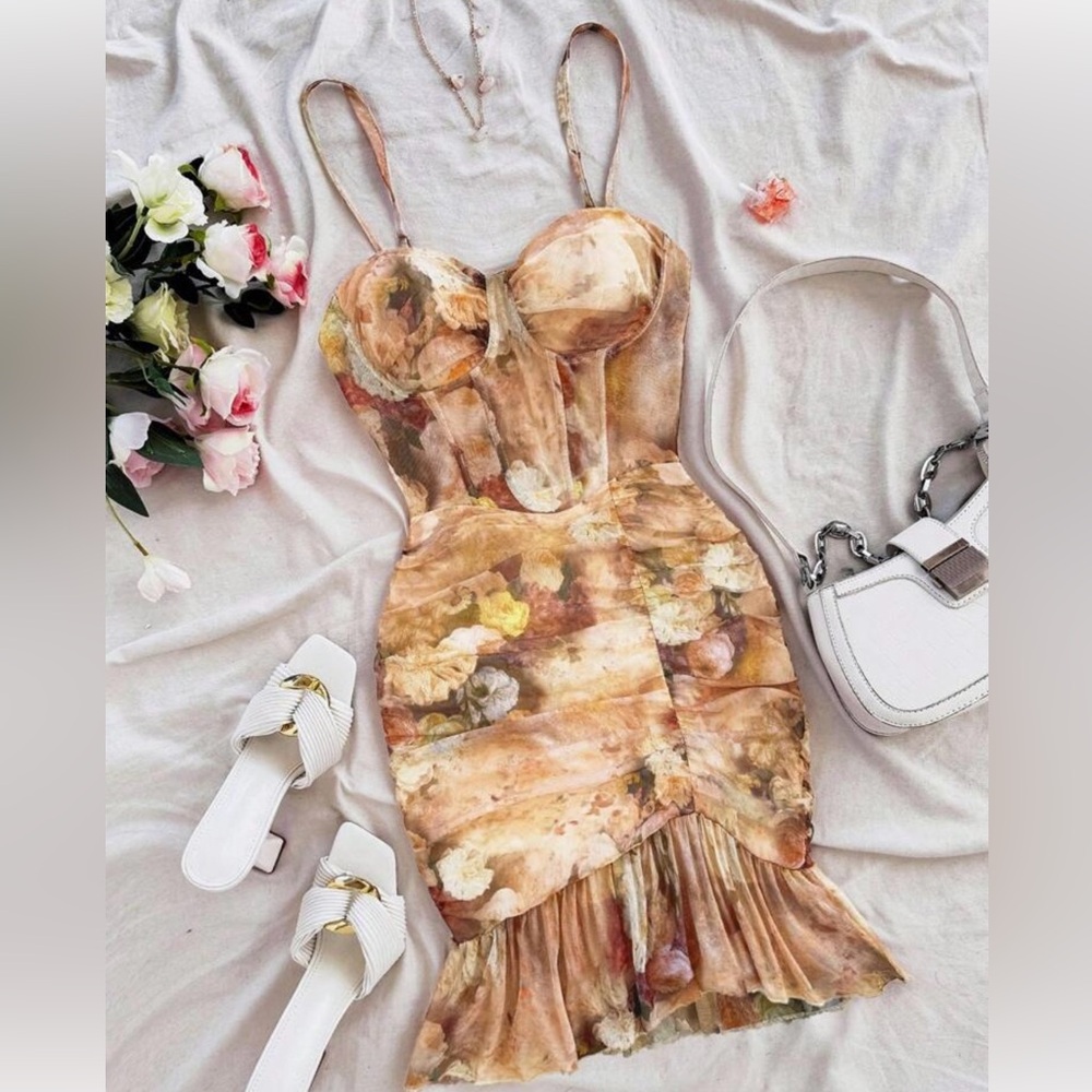 Floral Ruched Dress - Tan